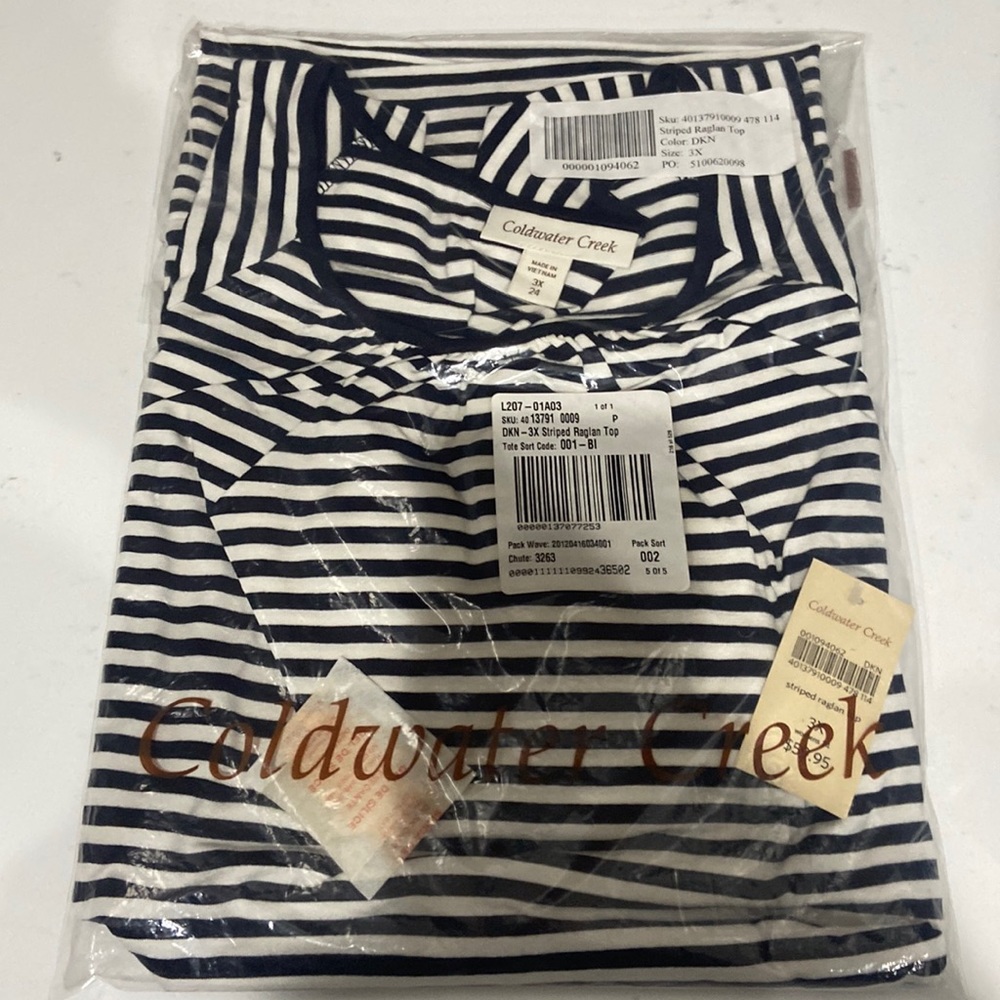 Coldwater Creek 3X women's 24 striped raglan top blue and white NWT